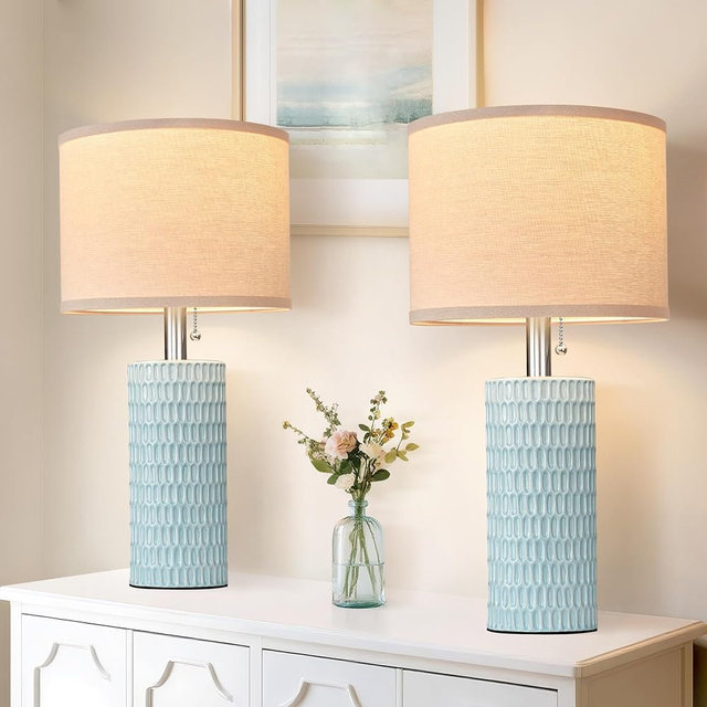 Reaketon 20.5" Modern Ceramic Table Lamps for Bedroom Set of 2, Bedside Lamps for Night Stands with Beige Lampshade, Farmhouse Table Lamp for Living Room Office Dorm, Sky Blue
