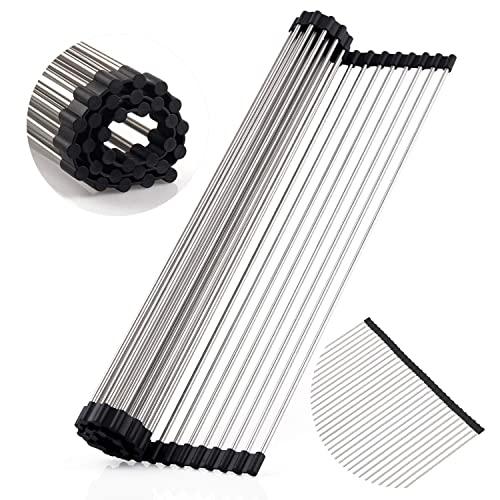 EMBATHER Roll Up Dish Drying Rack Extra Large 21(L) x16(W), Multipurpose Over Sink Folding Drainer for Kitchen, Easily Store and Heat Resistant, Warm Black