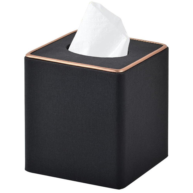 RHCSZ Linen Square Tissue Box Cover,Cube Tissue Box Holder－Excellent Rosegold Leather Decoration,Table Napkin Case Dispenser,Facial Tissues Organizer with Magnetic Bottom for Home Office Car(Black)