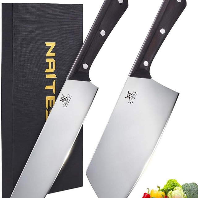 Naitesen 2PCS Cleaver Knife Set, Razor Sharp Meat Cleaver Nakiri Knife for Meat Vegetable Cutting Kitchen Cooking Gifts for Men Women