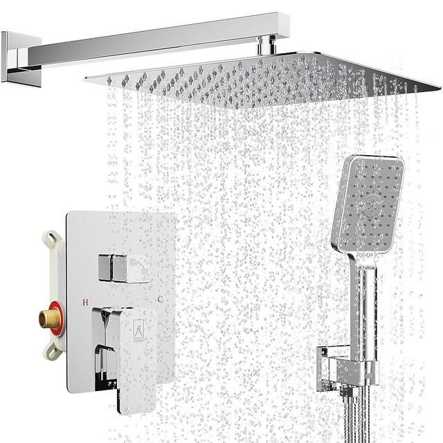 Shower System Modern Rain 12 Inch Bathroom Shower Faucet Set With Valve and Diverter With Rain Shower and Handheld High Pressure Rainfall Shower Systems Head Kit (Chrome Polished)