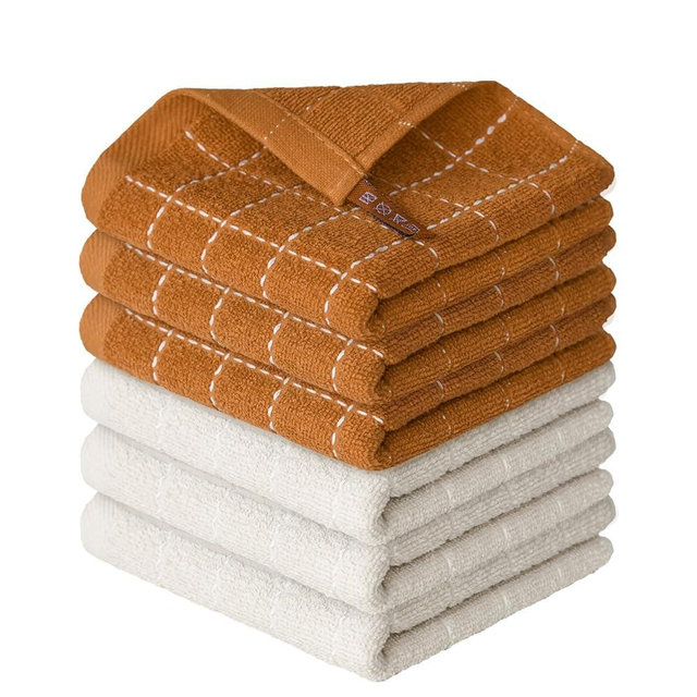 Artoid Mode Checkered Designed Cotton Beige Caramel Terry Kitchen Dish Cloths, 12x12 Inch Soft Absorbent Quick Drying Cleaning Kitchen Rags Set of 6