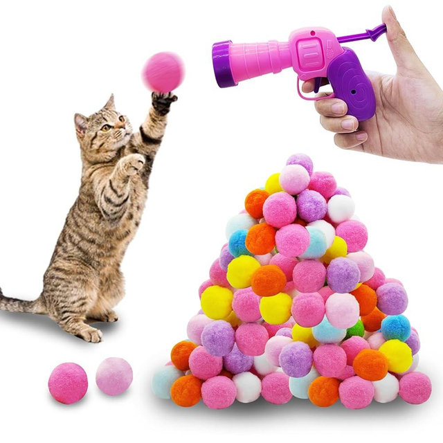 Andiker Plush Pom Pom Balls Set - Interactive Cat Toy (30pcs - Pink: 100balls, Launcher Set)