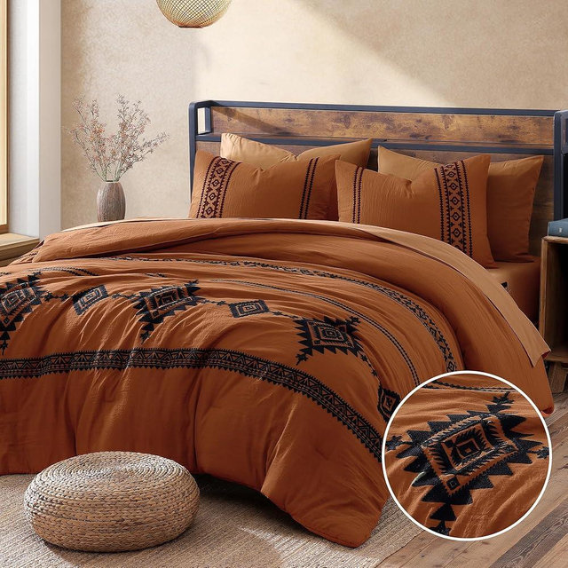MAIREVE Oversized Queen Comforter Set Burnt Orange, Embroidery Western Bedding Set Boho 7 Pieces, Farmhouse All Season Bed in A Bag with Sheets, Pillowcases & Shams