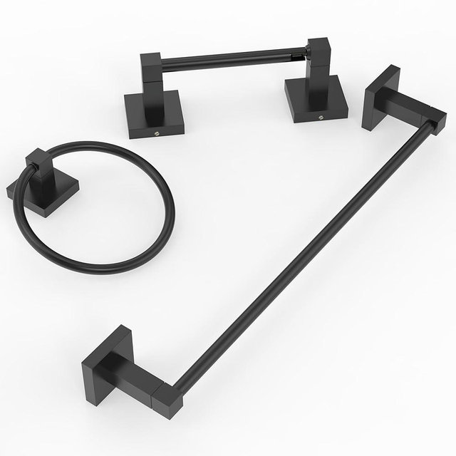 RUACQ 3 Pieces Bathroom Hardware Set, SUS 304 Stainless Steel Toilet Paper Holder, Towel Ring, 18-inch Towel Bar Set, Wall Mounted, Heavy Duty (Matte Black)