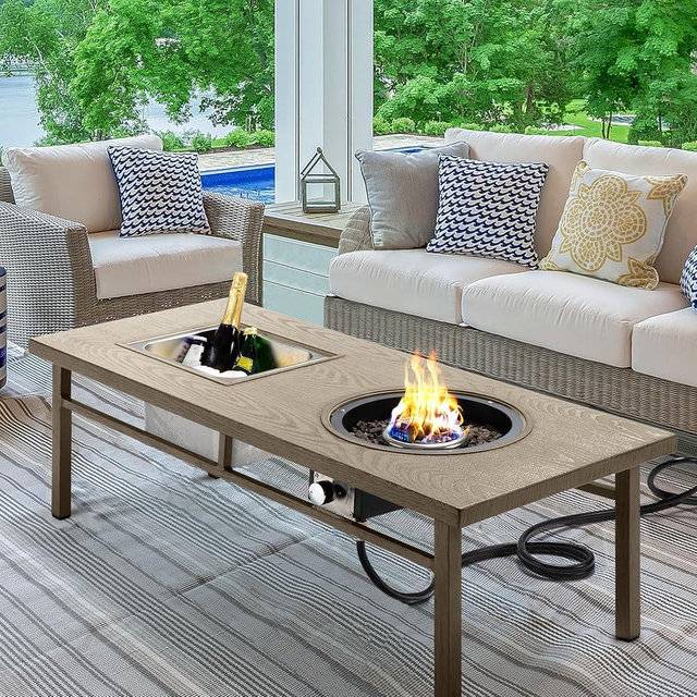 Green4ever Aluminum Propane Fire Pit Table, 47" 50,000 BTU Multifunctional Fire Table with CSA Certification, 4.5 Gallons Ice Bucket, and Lava Rocks, 3-in-1 Coffee Table for Outdoor Patio, Khaki