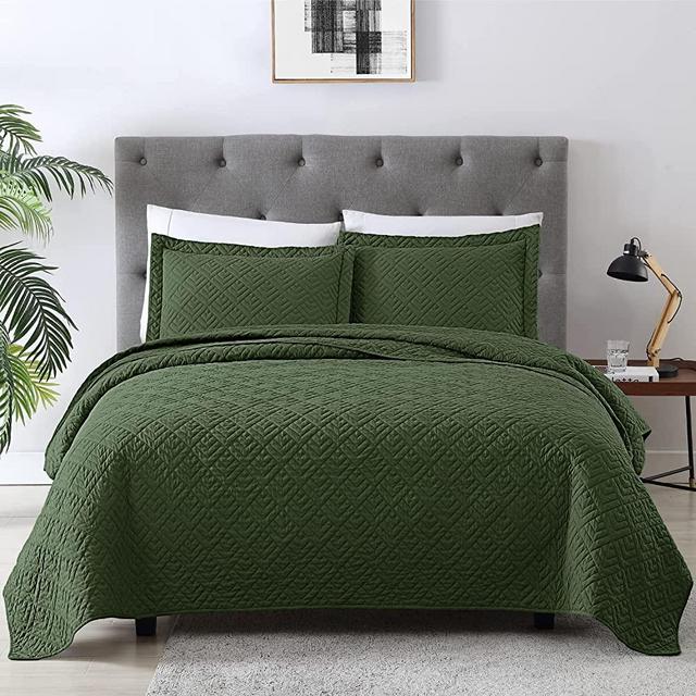 EXQ Home Quilt Set King Size Olive Green 3 Piece,Lightweight Soft Coverlet Modern Style Squares Pattern Bedspread Set(1 Quilt,2 Pillow Shams)