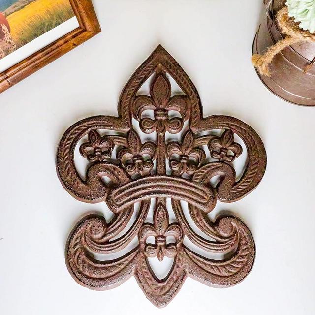 Ebros Gift 10" Wide Fleur De Lis Medallion Crown with Mini Le Fleur Emblems Design Cast Iron Metal Trivet Southern Western Rustic Country Vintage Decorative Accent for Wall Or Table Furniture