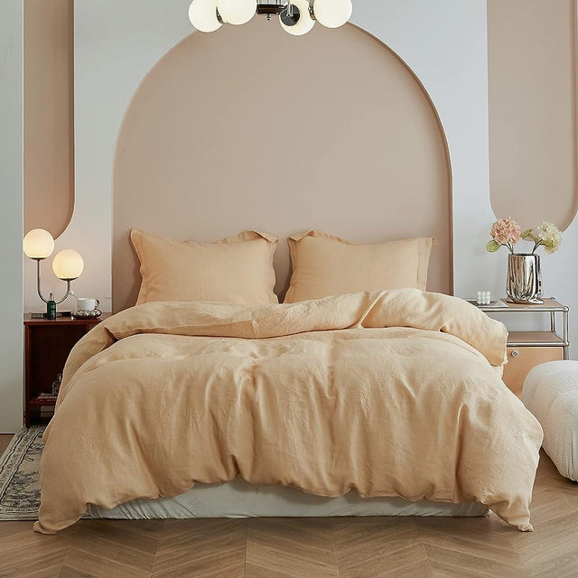 Simple&Opulence 100% Linen Duvet Cover Set with Washed-French Flax-3 Pieces Solid Color Basic Style Bedding Set-Breathable Soft Comforter Cover with 2 Pillowshams(Queen, Sand)
