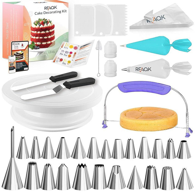 RFAQK 90PCs Cake Decorating Kit with Leveler, Baking Supplies Gift Includes Cake Stand Turntable, 24 Numbered Icing Tips, 55+1 Piping Bags, 2 Frosting Spatulas, 3 Scrappers, Video Course & Booklet