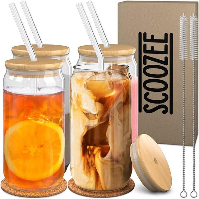 Scoozee Glass Cups with Lids and Straws (Set of 4, 16 oz) - Drinking Glasses with Bonus Coasters - Clear Iced Coffee Cup with Bamboo Lid Glass Straw - Cute Tumbler Coffee Accessories Aesthetic Gifts