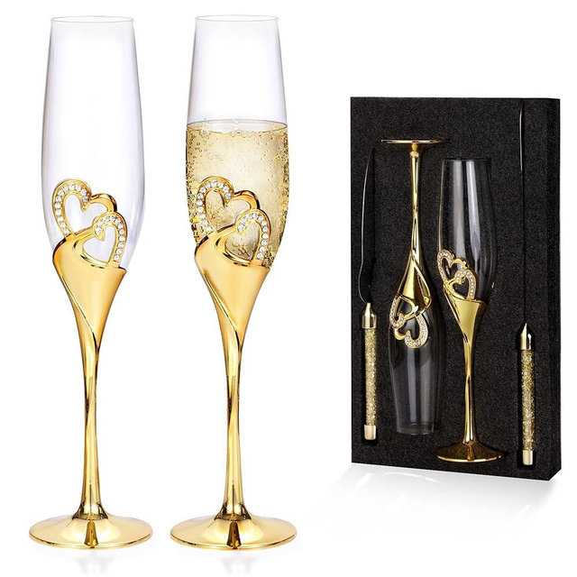 4 Piece Champagne Flutes and Cake Knife Server Set, Bride & Groom Toasting Flutes with Cake Cutting Set, Diamond Champagne Glasses Set for Wedding Reception or Anniversary Party, House Warming, Gold