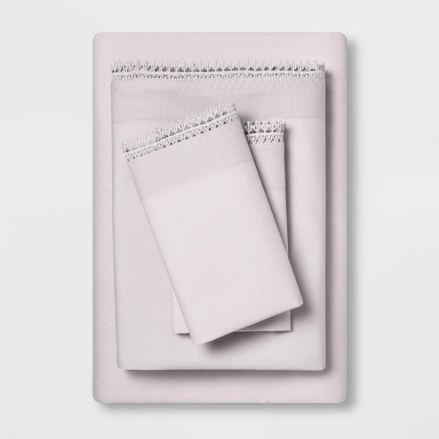 Queen Percale Solid Sheet Set with Crochet Trim Gray - Opalhouse™