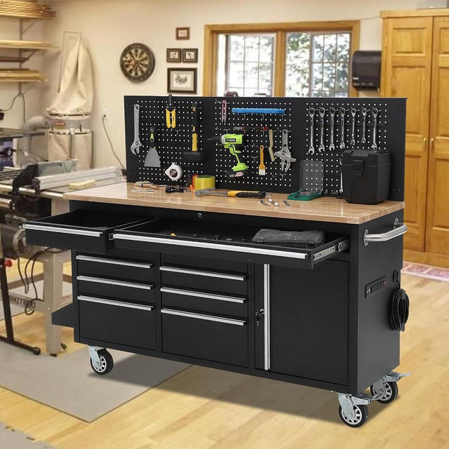 61-inch Rolling Tool Chest, 10 Drawers Garage Workbench Storage Tool Cabinet with Power Strip, Solid Rubber Wood Top, 1675 LBS Load Mobile Workstation, Heavy Duty Rolling Cabinet