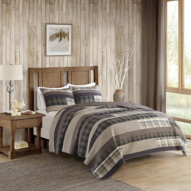Woolrich 100% Cotton Quilt Reversible Plaid Cabin Lifestyle Design - All Season, Breathable Coverlet Bedspread Bedding Set, Matching Shams, Winter Plains, Stripe Taupe, Full/Queen(92"x96")