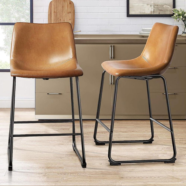 PUKAMI Counter Height Bar Stools Set of 2,Barstools with Back,Faux Leather Counter Stools for Kitchen Island,Modern Bar Chairs with Metal Legs (Whisky, 26")