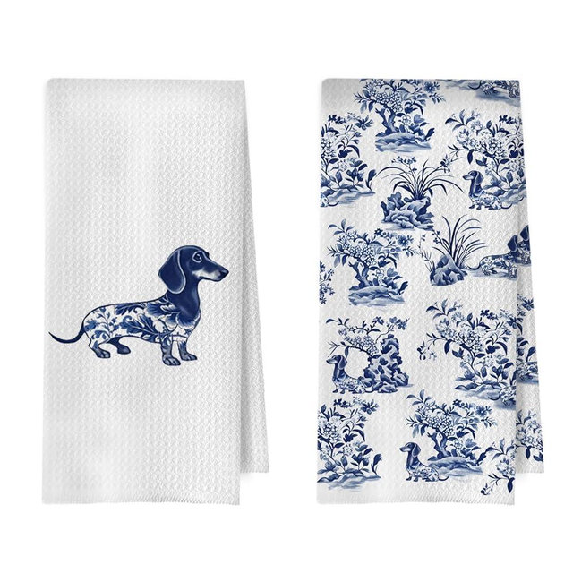 BlissfulAbon Chinoiserie Dachshund Kitchen Towels 16x24 Inch, Dachshund Decorative Waffle Weave Dish Towels, Grand Millenial Blue and White Floral Weiner Dog Hand Tea Towel, Set of 2