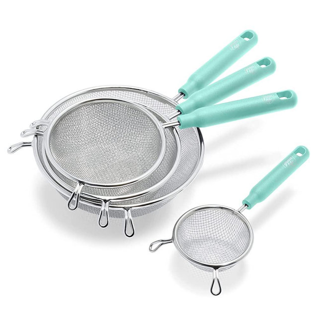 GreenLife Cooking Tools and Utensils, 4 Piece Extra Fine Stainless Steel Mesh Strainer Kitchen Set, Stay Cool Handles, Dishwasher Safe, BPA-Free, Turquoise