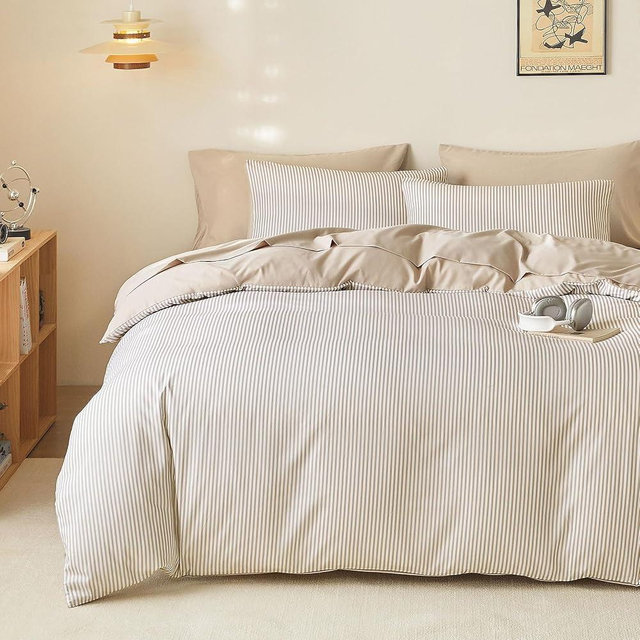 Wake In Cloud - Striped Comforter Set, Ticking Stripe Vertical Pinstripe Neutral Farmhouse Pattern Printed, Soft Lightweight Bedding, 3 Pieces, Light Brown White, Queen Size