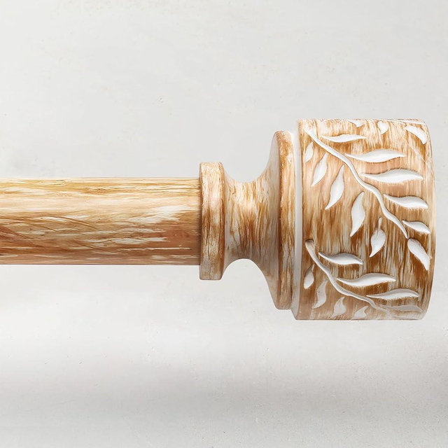 Boho Wood Curtain Rods for Windows 66 to 120 Inch, 1" Diameter Adjustable Heavy Duty Curtain Rod with Imitation Wooden Grain Leaf Pattern Finials, Rustic Decorative Drapery Rods, Size 32"-120"