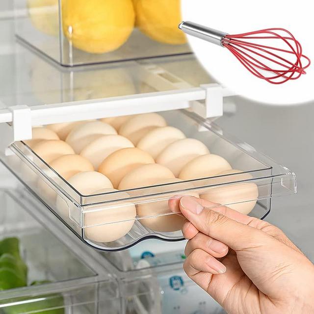 Egg Holder for Refrigerator Drawer - Fridge Egg Drawer Organizer with Whisk Fridge Egg Holder with Silicone Wire Whisk Egg Trays for Refrigerator Egg Container