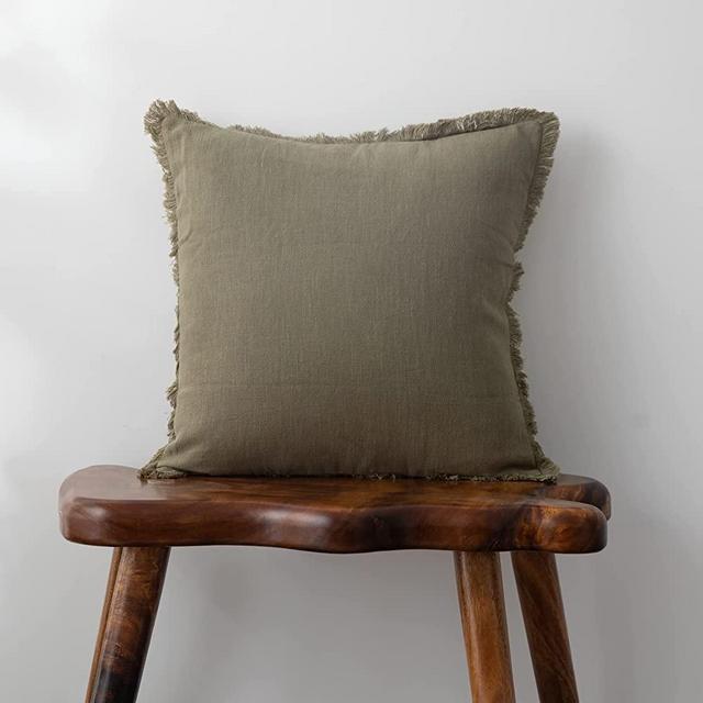 Linen Fringed Throw Pillow Cover - Soft Cozy Boho Cushion Covers with Tassel for Couch Sofa Farmhouse Natural Decor Burlap Pillowcase, Green 18x18 Inches