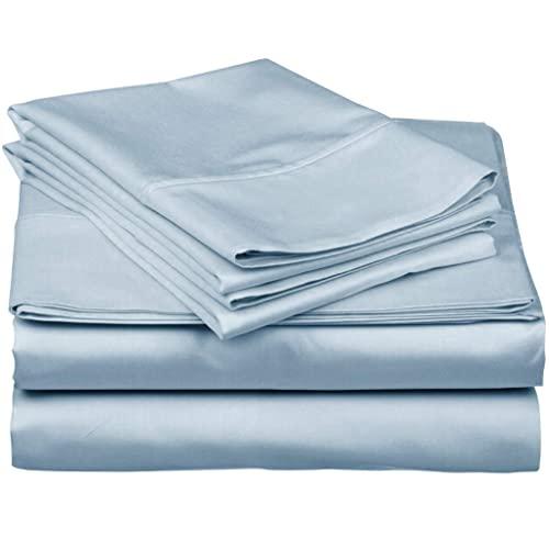 600-Thread-Count Best 100% Egyptian Cotton Sheets & Pillowcases Set - 4 Pc Light Blue Long-Staple Cotton Bedding Queen Sheet for Bed,Fits Mattress Upto 18'' Deep Pocket,Soft & Silky Sateen Weave