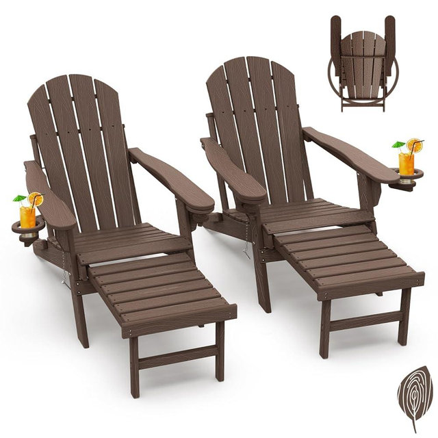 GREENVINES Adirondack-Chairs-with-Ottoman | Set of 2 | Wood Grain | Dark Brown | Folding | Retractable-Footrest | HDPE Plastic | All Weather Fire Pit Chair | Cup Holders | for Outdoor Poolside