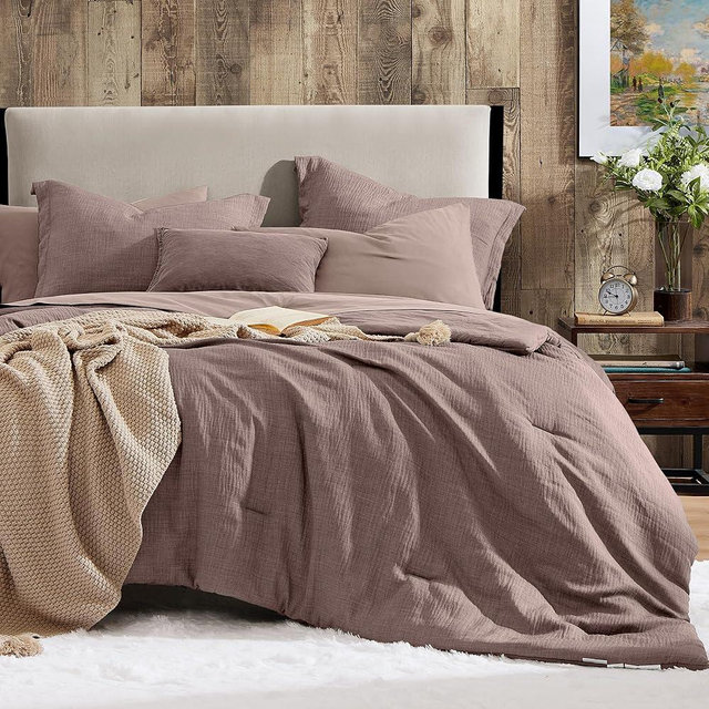 Geniospin Queen Comforter Set - 7 Pieces Comforter Queen Size, Soft Solid Bedding Set for All Season, Textured Bed in a Bag with Sheets, Pillowcases & Shams (Misty Rose, 90''x90'')