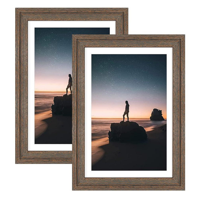 Golden State Art, Set of 2, 13x19 Picture Frame - Displays 11x17 Photo with Mat or 13x19 Without Mat, Wide Moulding Solid Wood Frame for Wall Display, Distressed Brown