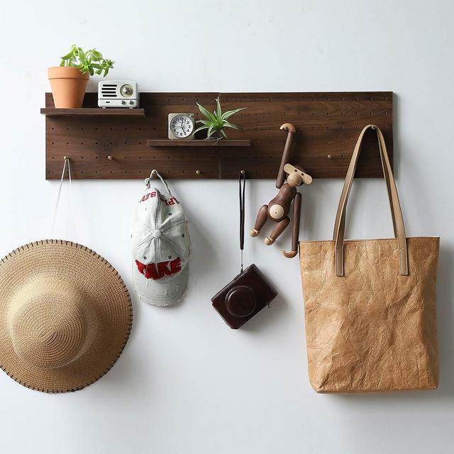 XAOHOME Wooden Pegboard, Sturdy Peg Board for Walls Modular Grid Organizer, DIY Storage and Display Panels with Shelves and Brass Hooks(Walnutcolor)