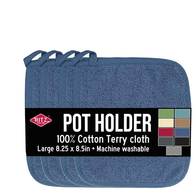 Ritz Terry Potholder & Hot Pad: Unparalleled Heat Resistant, Durable 100% Cotton – Ergonomically Designed for Optimal Grip – Easy-Care Machine Washable – Perfect for Your Kitchen – Federal Blue, 4-Pk