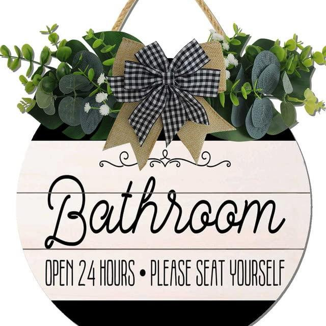 Bathroom Decor,Bathroom Open 24 Hours Please Seat Yourself Sign,Rustic Round Wooden Wreath Sign,Modern Farmhouse Home Accent For All The Seasons