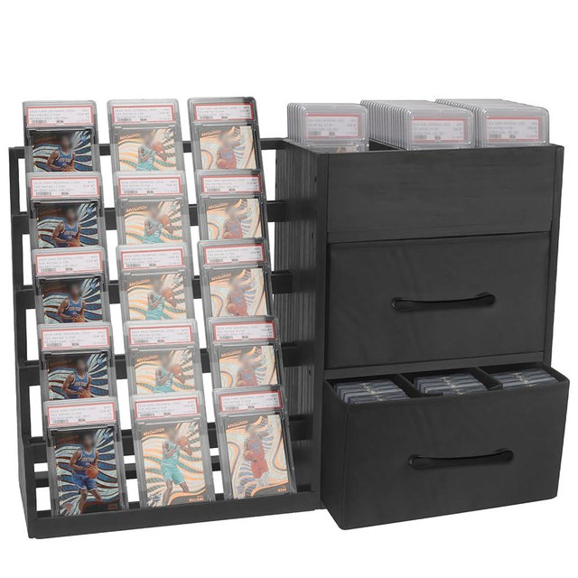 Trading Card Display Stand – Holds 200+ PSA/BGS/SGC Slabs, 5-Tier Wooden Card Stands for Sports Game Graded Card Display, Accessory to Showcase and Protect Card Collections,2 Drawers+9 Compartment