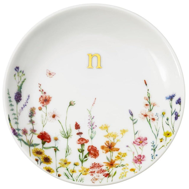 Crisky Initial Jewelry Tray Ring Dish & Gift Box, Ceramic Flower Trinket Dish for Rings Earrings Necklaces Keys, Bridal Shower Engagement Birthday Gift for Women, Friends 4.57" (Gold Foil N