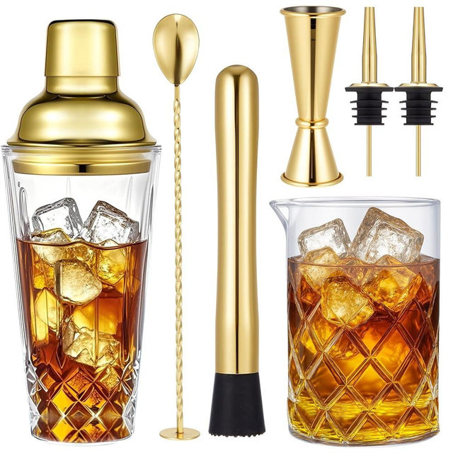 Mifoci 7 Piece Gold Cocktail Shaker Set, 304 Stainless Steel 14oz Shaker & 24oz Mixing Glass, Jigger, Bar Spoon, Pour Spout, Leak Proof Bartender Kit for Home Bar, Gifts