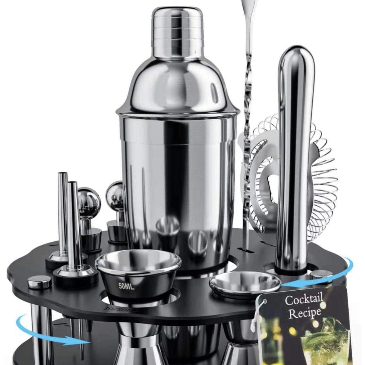 Bokhot Bartender Kit, 14 Piece Cocktail Shaker Set Stainless Steel Bar Tools with Rotating Stand, 25 oz Shaker Tins, Jigger, Spoon, Pourers, Muddler, Strainer, Tongs, Bottle Stoppers, Opener, Recipes