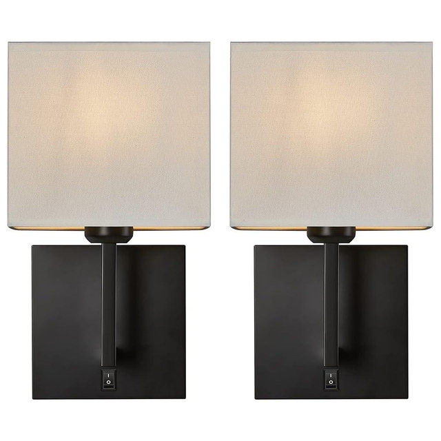PASSICA DECOR Hardwired Wall Sconces Set of Two 2 Pack Modern Fabric Wall Mount Light Fixture Indoor Black Sconces Wall Lighting with Button Switch for Bedroom Bedside Living Room Fireplace Farmhouse