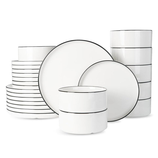 Famiware Porcelain Dinnerware Set, 24-Piece Modern Plate and Bowl Set, dish set for 8, Microwave and Dishwasher Safe Tableware, White with Black Trim