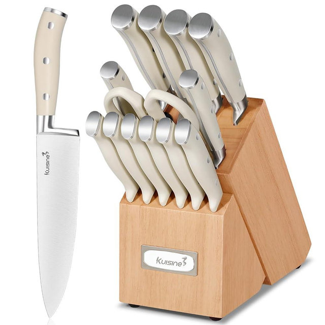 KUISINE Knife Set High Carbon Stainless Steel Sharper Blade Ergonomic Handle,Knife Block Set with Built-in Sharpener 2025 Upgraded (Ivory Pro Acacia,15PCS)
