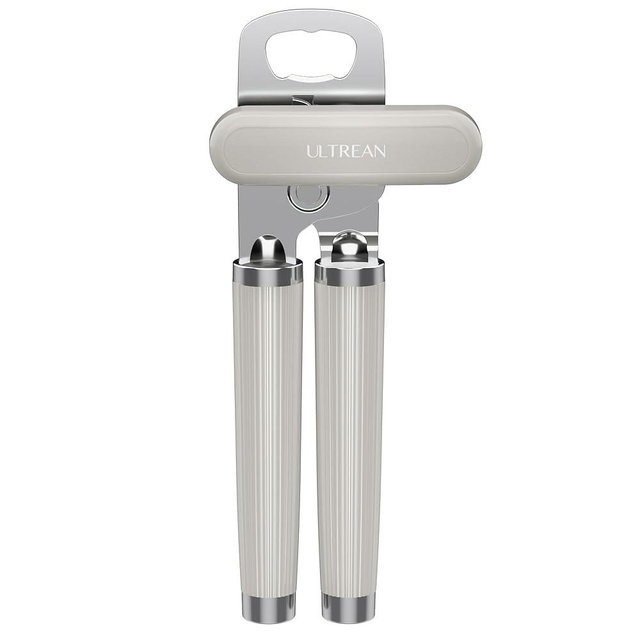 Ultrean Manual Can Opener Bottle Opener, Heavy Duty Stainless Steel Smooth Edge Manual Hand Held Can Opener With Soft Touch Handle, Rust Proof Oversized Handheld Easy Turn Knob (Light Gray)