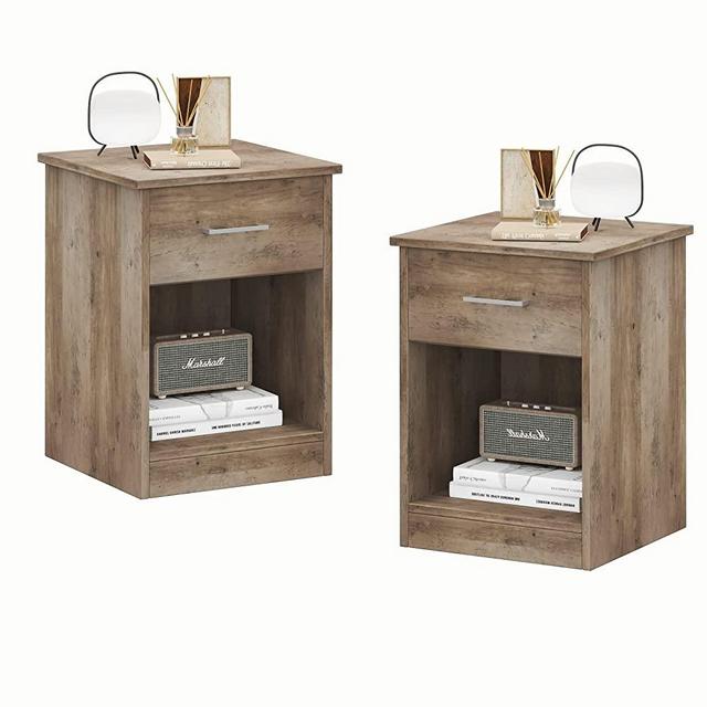 Reettic Wooden Nightstand Set of 2, End Table with Sliding Drawer and Opening Shelf, Sofa Side Table for Bedroom, Grey RCTG101G02