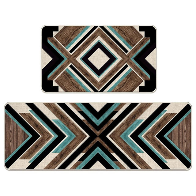 Livcoz Boho Western Aztec Geometric Kitchen Rugs Set of 2, Bohemia Brown Blue Black Kitchen Mats Home Decor, Farmhouse Minimalist Vintage Abstract Floor Door Mat Decorations - 17x29 and 17x47 Inches