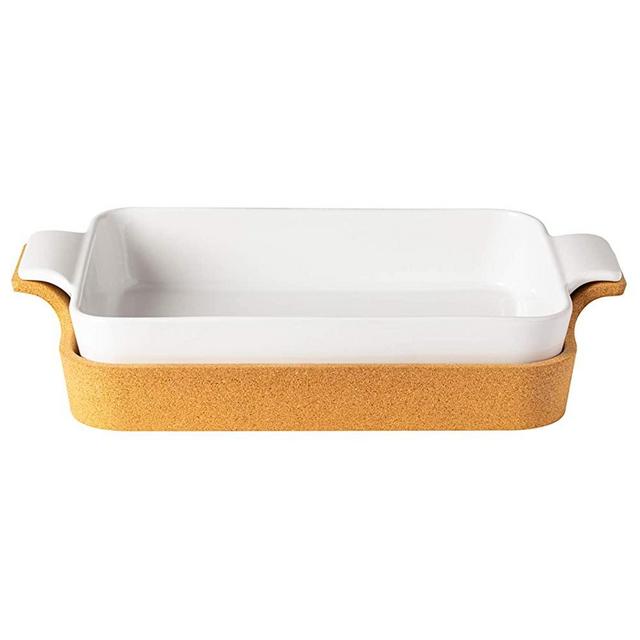 Casafina Ensemble Collection Stoneware Bakeware Rectangular Baker with Cork Tray (White, 16'')