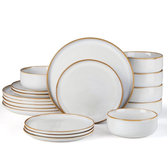 E-far Plates and Bowls Set for 6, 18-Piece Stoneware Dinnerware Sets, Ceramic Dinning Ware Reactive Glaze Dishes Set, Microwave & Dishwasher Safe - Seashell White