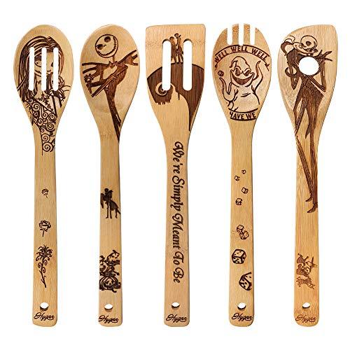 Halloween Gift Idea Utensil Burned Wooden Spoons Set House Warming Wedding Present Slotted Spoon 5 Piece …