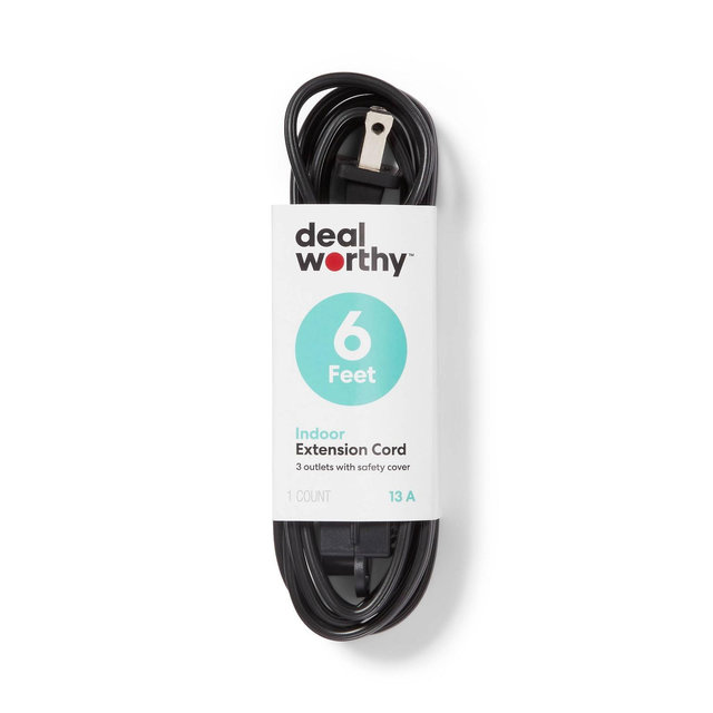 6' 3 Outlet Indoor Extension Cord Black - Dealworthy™
