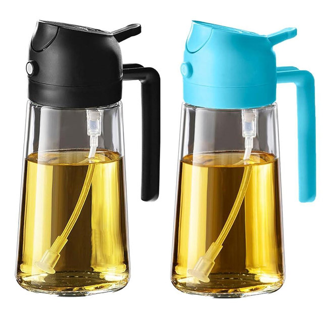 TrendPlain 16oz/470ml Glass Olive Oil Sprayer for Cooking - 2 in 1 Olive Oil Dispenser for Kitchen Gadgets, Air Fryer, Salad, and BBQ - Black & Sky Blue