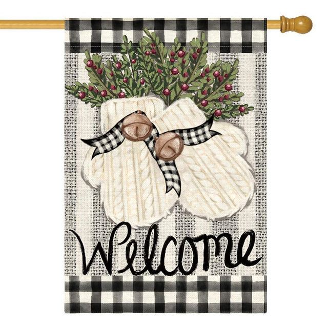 AVOIN colorlife Gloves Holly Welcome Winter House Flag 28x40 Inch Double Sided, Buffalo Plaid Rustic Seasonal Yard Outdoor Decorative Flag