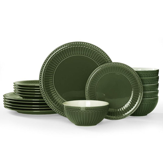 Famiware Garden Plates and Bowls Sets, 18-Piece Dishes Set for 6, Scratch Resistant Kitchen Dishes Dinnerware Set - Microwave and Dishwasher Safe, Reactive Glaze and Embossed Stoneware, Dark Green